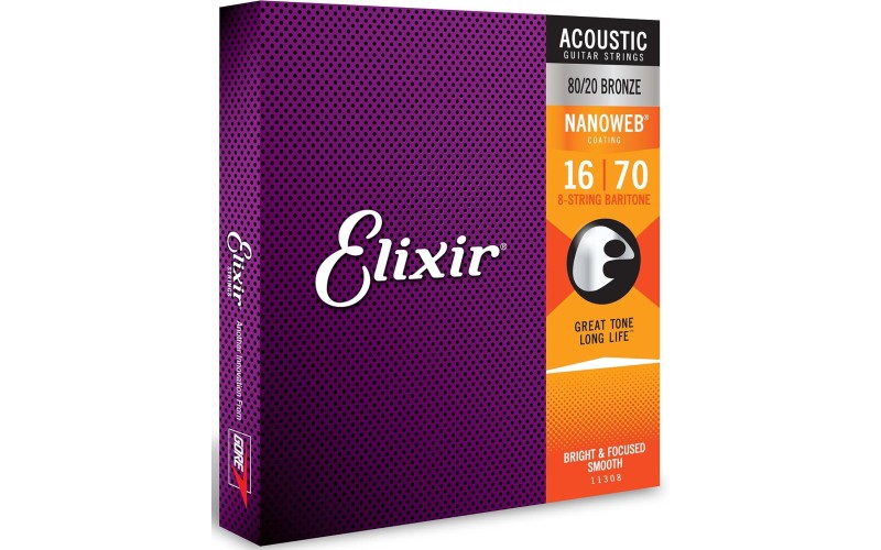 ELIXIR 11308 NANOWEB Комплект струн для акустической 8-струнной баритон гитары, бронза 80/20, 16-70