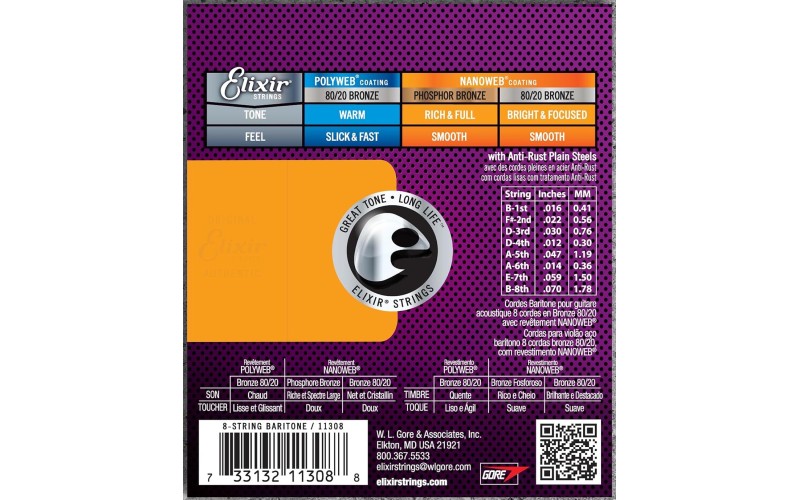 ELIXIR 11308 NANOWEB Комплект струн для акустической 8-струнной баритон гитары, бронза 80/20, 16-70