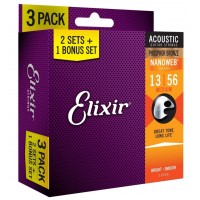 ELIXIR 16546 NANOWEB Струны для акустической гитары, 3 комплекта, фосфорная бронза, 13-56