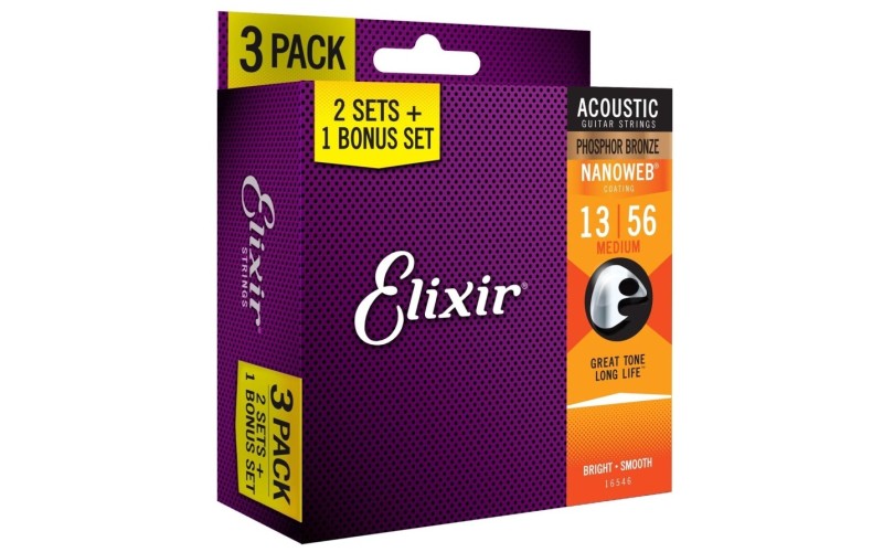 ELIXIR 16546 NANOWEB Струны для акустической гитары, 3 комплекта, фосфорная бронза, 13-56