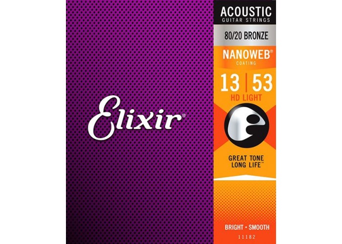 Elixir 11182 NanoWeb струны для акустич. гитары HD Light 13-53 бронза 80/20