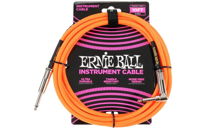 Ernie Ball 6079 кабель инструментальный, оплетёный, 3,05 м, прямой/угловой джеки, оранжевый неон