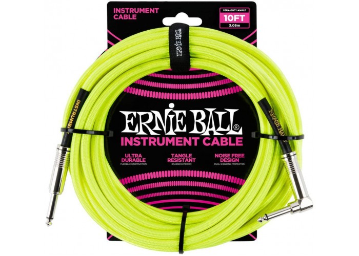 Ernie Ball 6080 кабель инструментальный, оплетёный, 3,05 м, прямой/угловой джеки, жёлтый