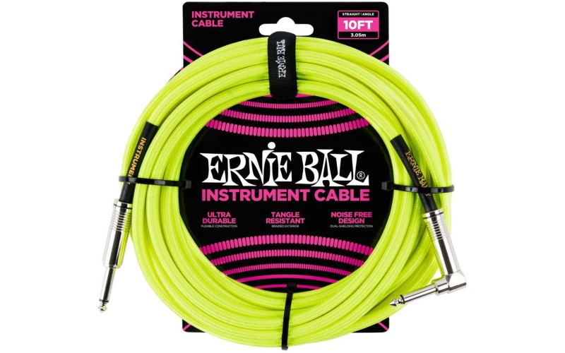 Ernie Ball 6080 кабель инструментальный, оплетёный, 3,05 м, прямой/угловой джеки, жёлтый