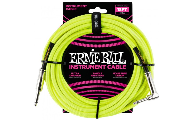 Ernie Ball 6085 кабель инструментальный, оплетёный, 5,49 м, прямой/угловой джеки, жёлтый