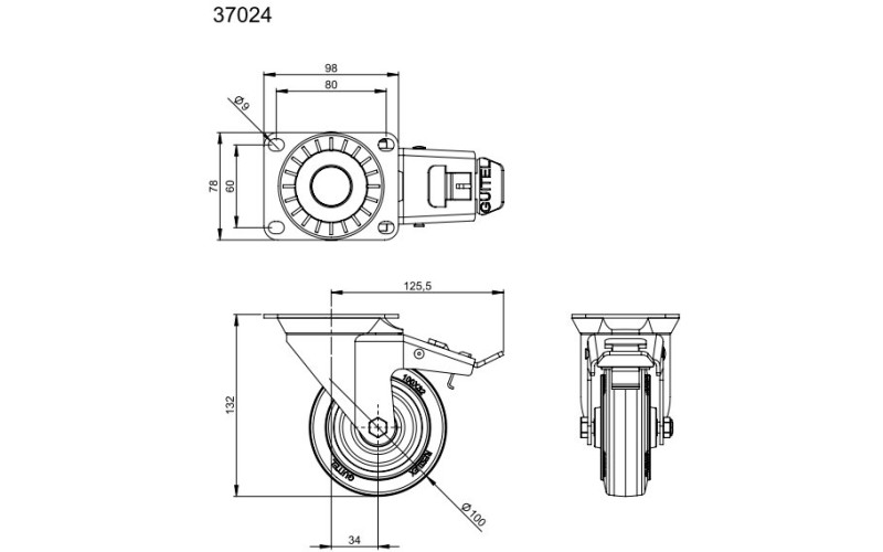 ADAM HALL 37024 - колесо с тормозом, D 100 мм
