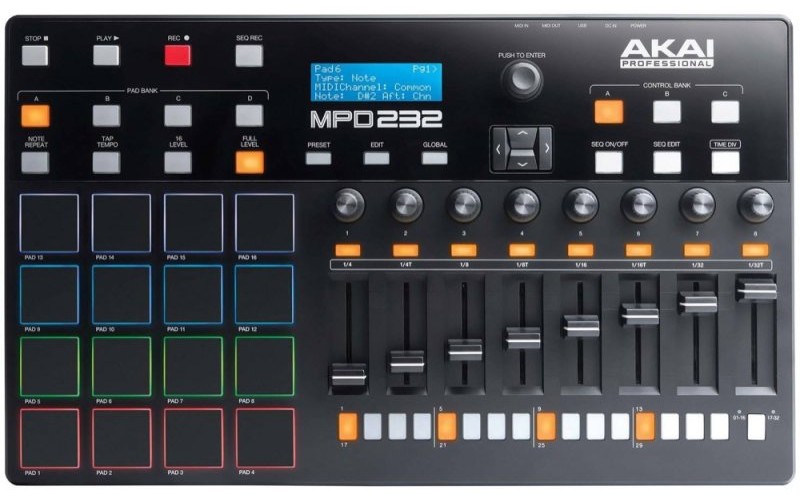 AKAI PRO MPD232 - MIDI/USB-контроллер, 16 пэдов, 8 фейдеров, 8 ручек