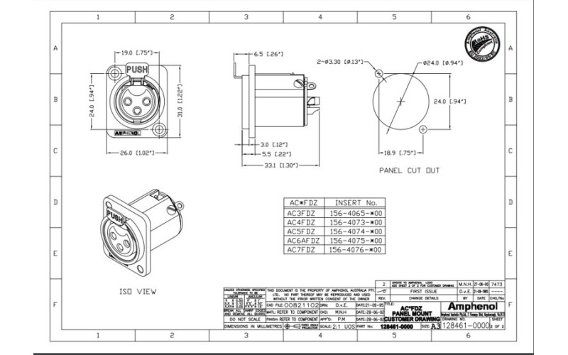 Amphenol AC3FDZ - Разъем XLR панельный мама , 3 контакта, гнездо, фланец D-типа