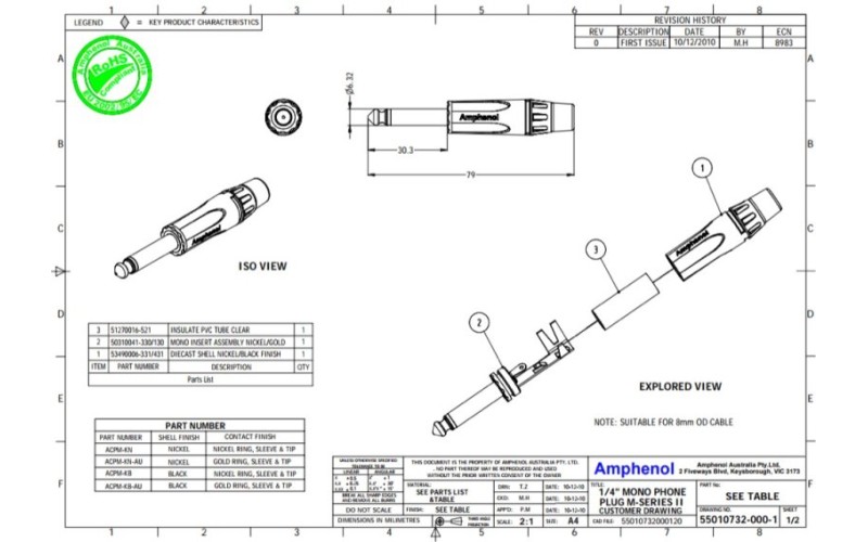 Amphenol ACPM-KN- 1/4” (6.35мм) моно штекер, металлический корпус