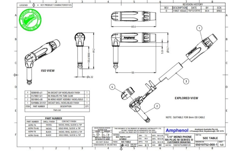 Amphenol ACPM-TB- 1/4” (6.35мм) Phone моно штекер, угловой