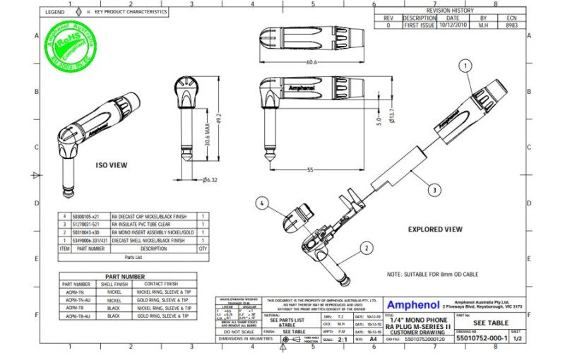 Amphenol ACPM-TB- 1/4” (6.35мм) Phone моно штекер, угловой