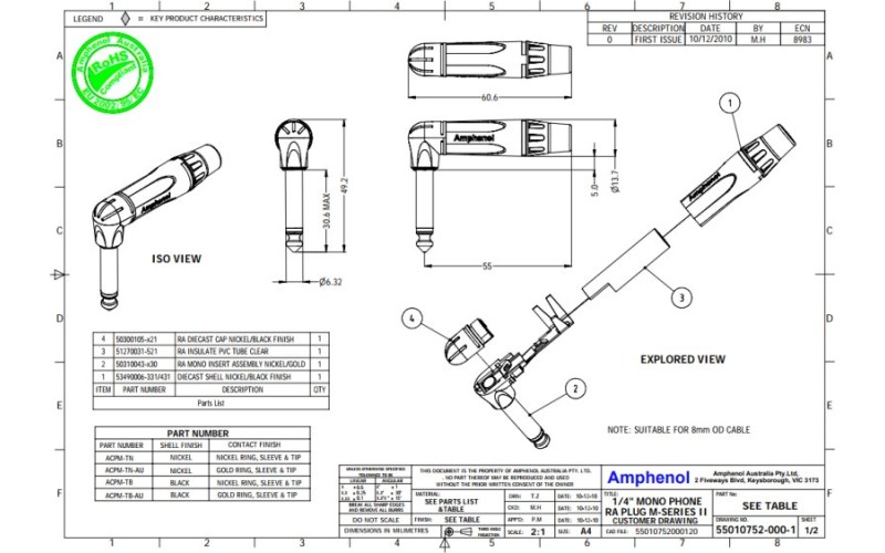 Amphenol ACPM-TN - 1/4” (6.35мм) Phone моно штекер, угловой