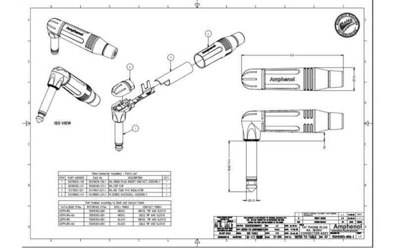 Amphenol ACPMRB - 1/4” (6.35мм) Phone моно штекер, угловой, металлический корпус