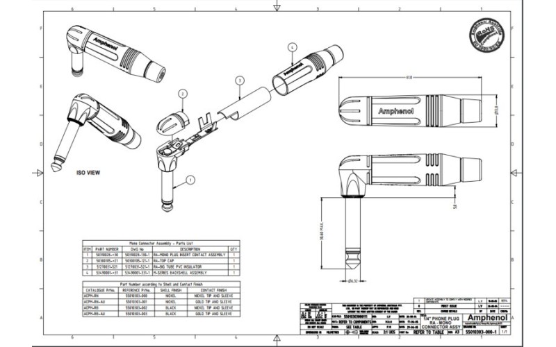 Amphenol ACPMRB - 1/4” (6.35мм) Phone моно штекер, угловой, металлический корпус