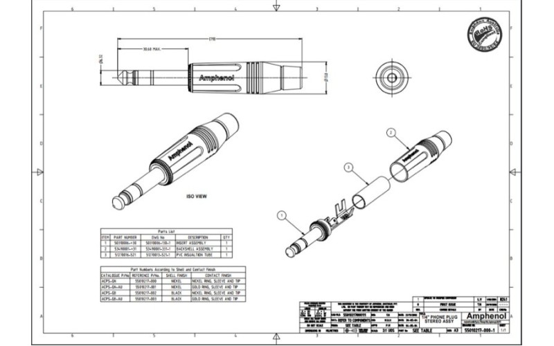 Amphenol ACPS-GN- 1/4(6.35мм) разъем джек, стерео, металлический корпус