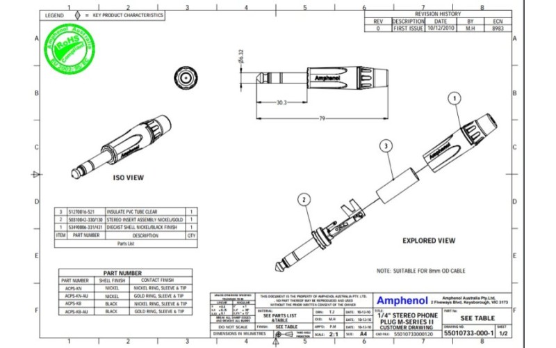 Amphenol ACPS-KN- 1/4” (6.35мм) Phone стерео штекер, металлический корпус