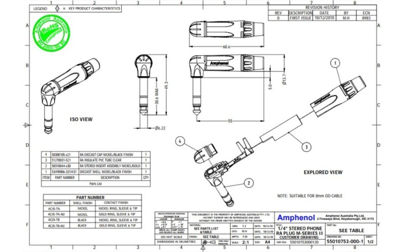 Amphenol ACPS-TN - 1/4” (6.35мм) Phone моно штекер, угловой, металлический корпус