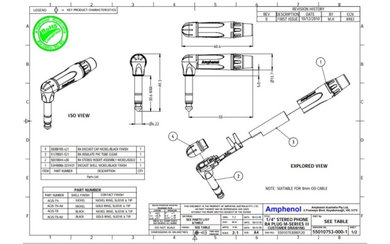 Amphenol ACPSTB - 1/4” (6.35мм) Phone моно штекер, угловой, металлический корпус