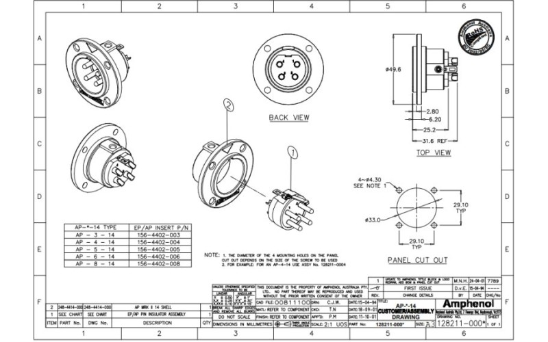 AMPHENOL AP-4-14 - разъем блочный  4 контакта, 