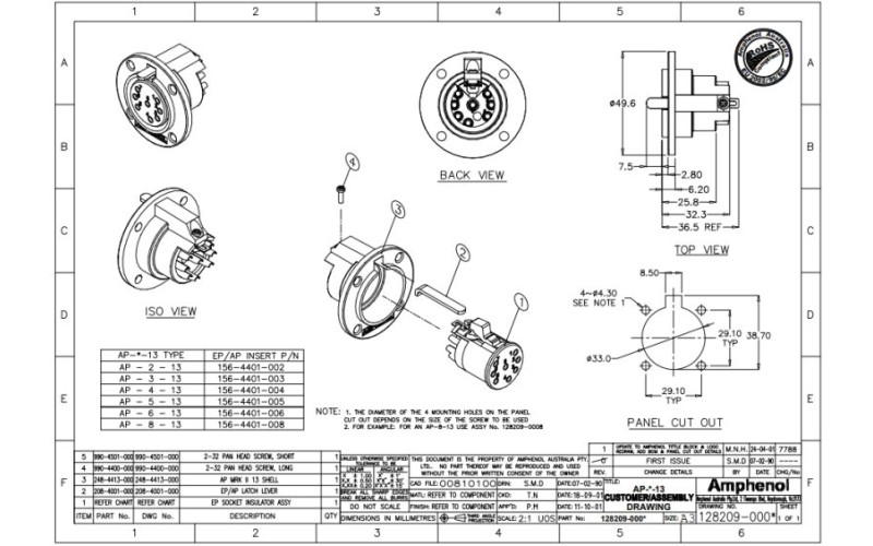 AMPHENOL AP-6-13 - разъем блочный  6 контактов, 