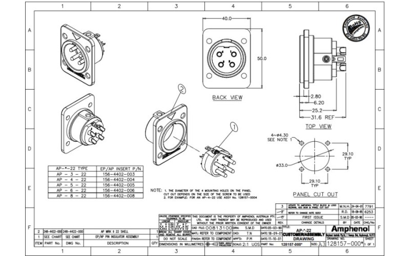 AMPHENOL AP422 - разъем блочный  4 контакта, 