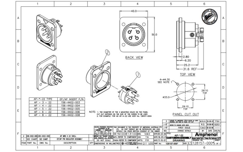 AMPHENOL AP622 - разъем блочный 6 контактов, 