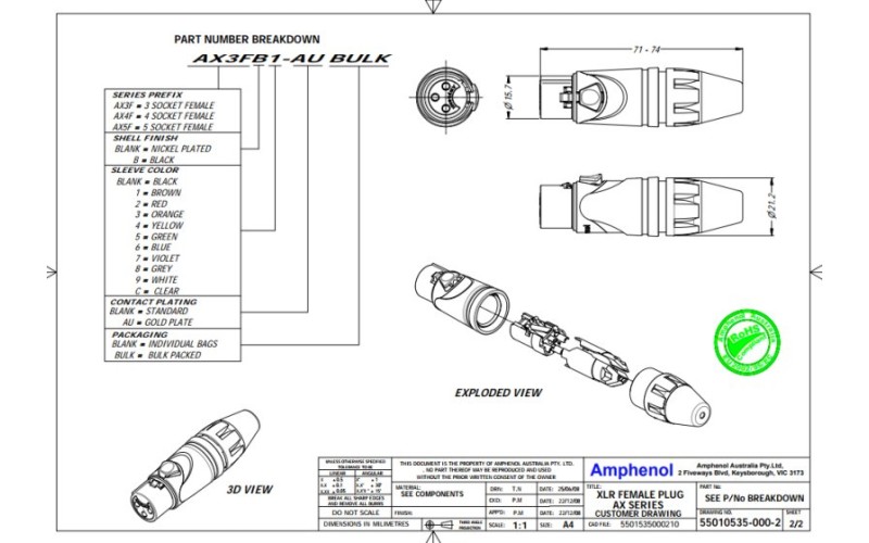 Amphenol AX3FB Соединитель XLR 3F (гнездовая часть, кабельный), штампованные контакты