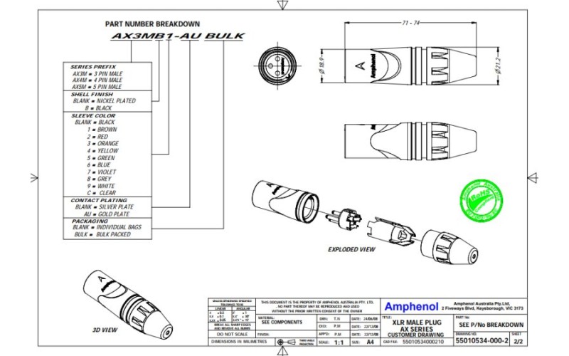 Amphenol AX3M - Разъем XLR кабельный папа, 3 контакта , точеные контакты