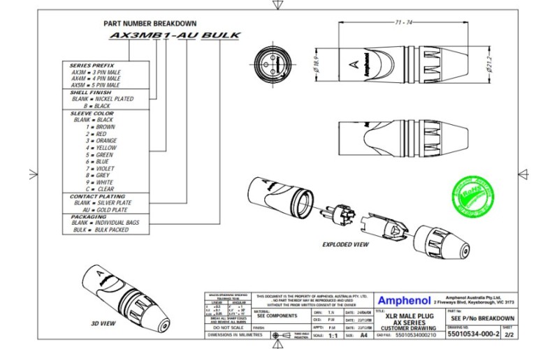 Amphenol AX3MB - Разъем XLR кабельный папа, 3 контакта, штекер, точеные контакты