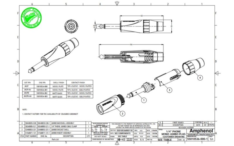 Amphenol JM2P - 1/4” (6.35мм) Phone моно штекер JUMBO, колпачок из термопластика