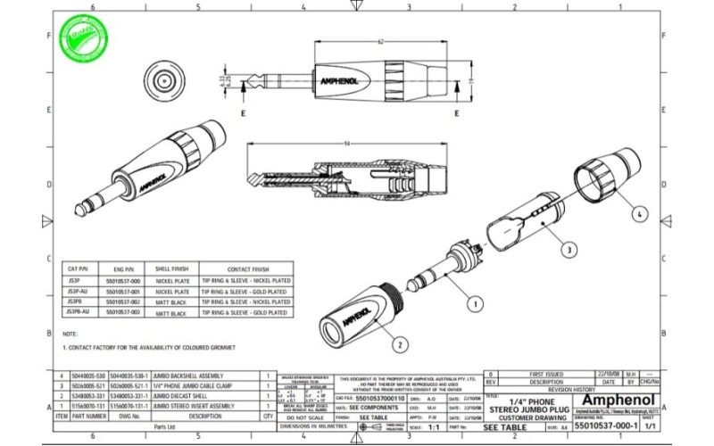 Amphenol JS3P - 1/4” (6.35мм) Phone стерео штекер JUMBO, колпачок из термопластика