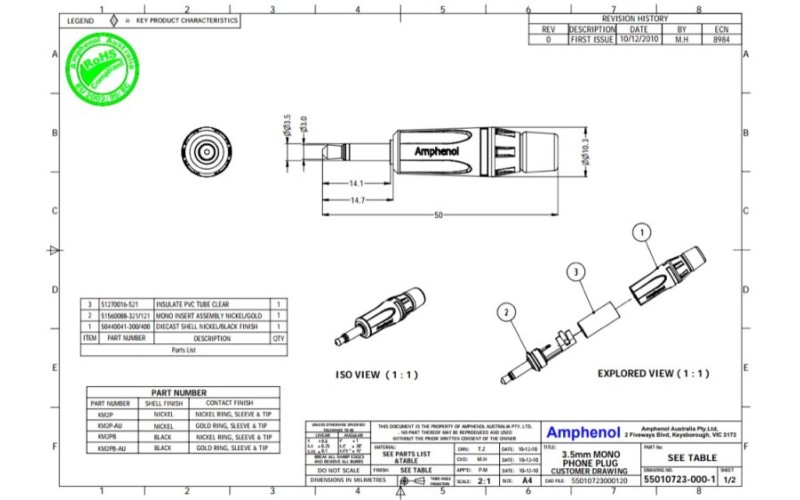 Amphenol KM2P - 3.5mm Phone кабельный моно штекер, металлический корпус