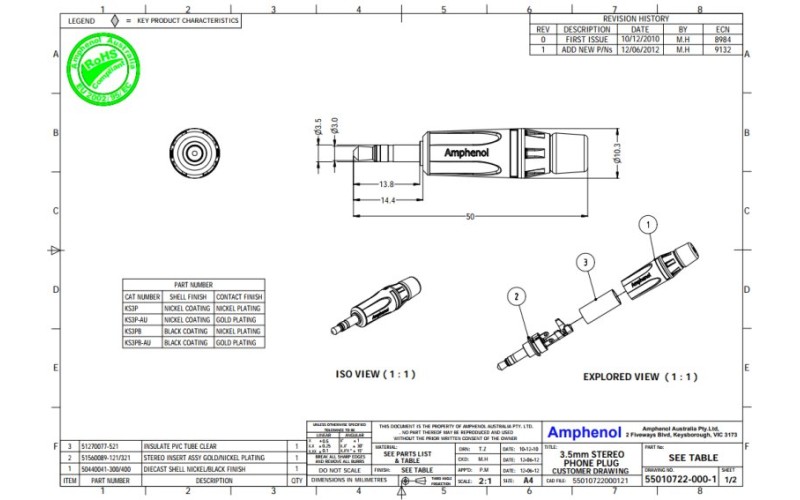 Amphenol KS3PB - 3.5mm Phone кабельный стерео штекер, металлический корпус