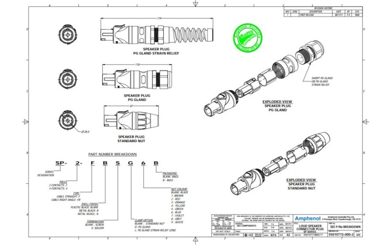 Amphenol SP2F- Кабельный разъем, 2 контакта, корпус из термопластика (контакты под винт)