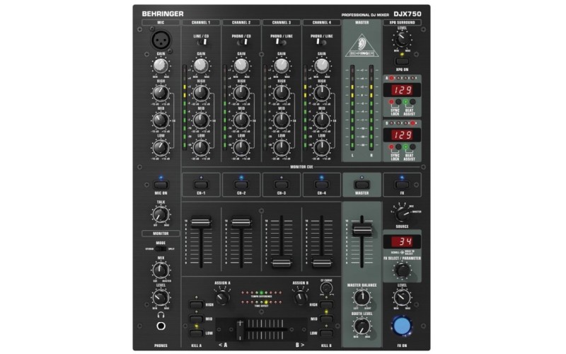 Behringer DJX750 - микшер для DJ, 5 вход. канала (4 стерео, плюс микрофонный),эквалайзер