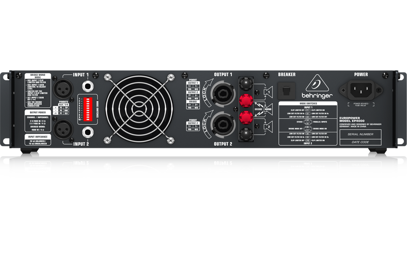 Behringer EP4000- усилитель мощности, 2х950 Вт/4 Ом,2х550 Вт/8 Ом, мост:2400 Вт/4 Ом, 1750 Вт/8 Ом
