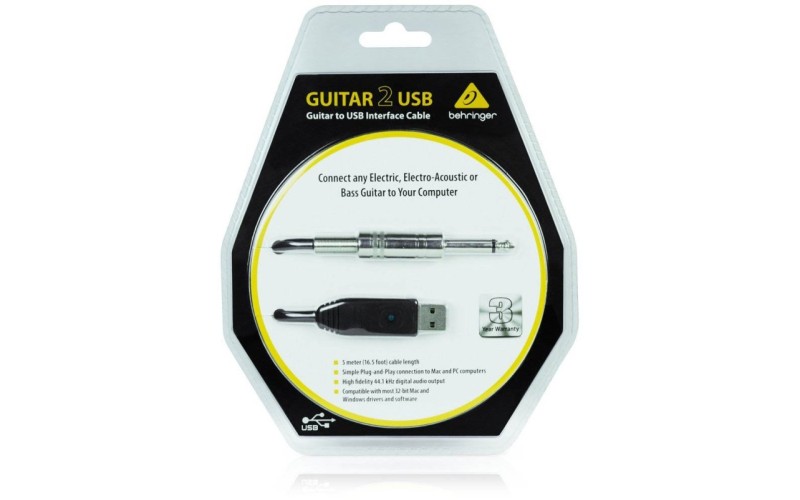 Behringer GUITAR2USB - гитарный USB-аудиоинтерфейс (кабель), 44.1кГц и 48 кГц, длина 5 м.