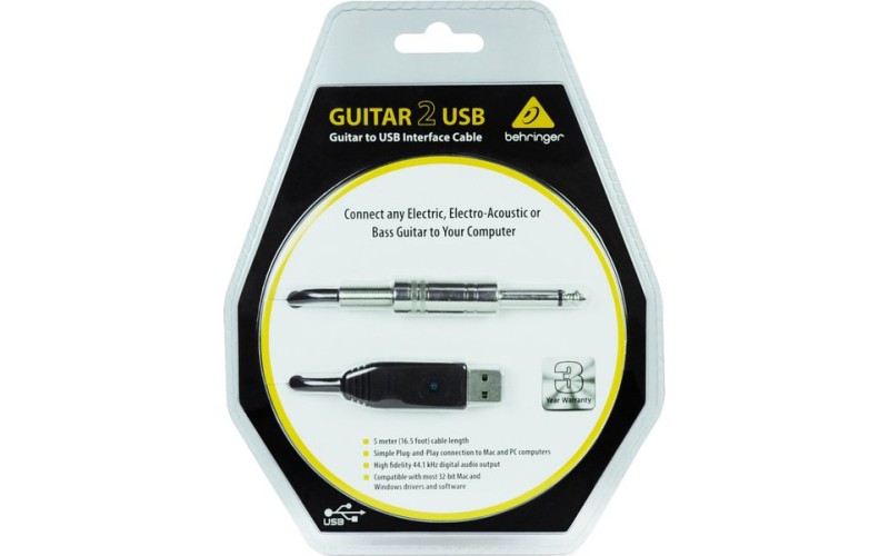Behringer GUITAR2USB - гитарный USB-аудиоинтерфейс (кабель), 44.1кГц и 48 кГц, длина 5 м.