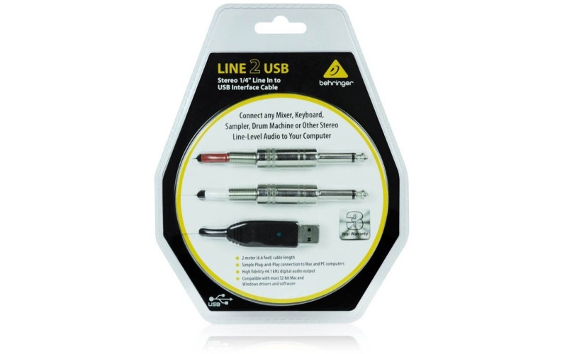 Behringer LINE2USB - линейный стерео USB-аудиоинтерфейс (кабель), 44.1кГц и 48 кГц, длина 2 м.