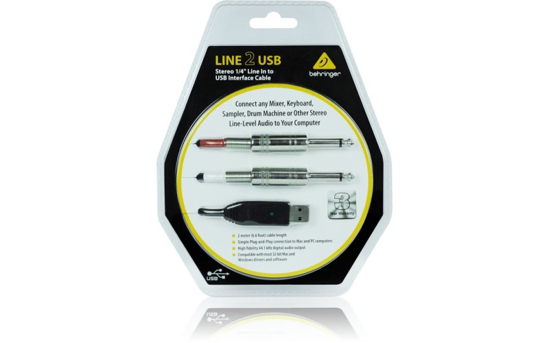 Behringer LINE2USB - линейный стерео USB-аудиоинтерфейс (кабель), 44.1кГц и 48 кГц, длина 2 м.