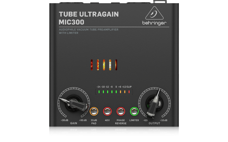 BEHRINGER MIC300 - ламповый предусилитель, лампа 12AX7, Pad, встроенный лимитер /+48В