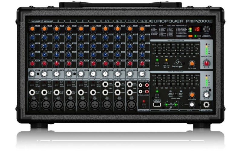 Behringer PMP2000D - микшер-усилит, 2x500 Вт на 8 Ом (2 x 1000 Вт на 4 Ом),14 каналов