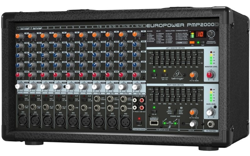 Behringer PMP2000D - микшер-усилит, 2x500 Вт на 8 Ом (2 x 1000 Вт на 4 Ом),14 каналов