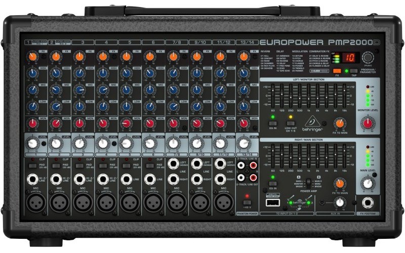 Behringer PMP2000D - микшер-усилит, 2x500 Вт на 8 Ом (2 x 1000 Вт на 4 Ом),14 каналов