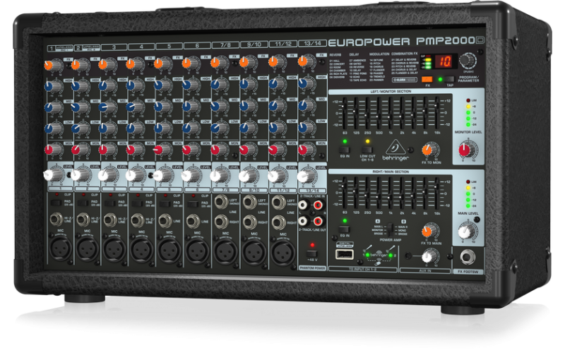 Behringer PMP2000D - микшер-усилит, 2x500 Вт на 8 Ом (2 x 1000 Вт на 4 Ом),14 каналов