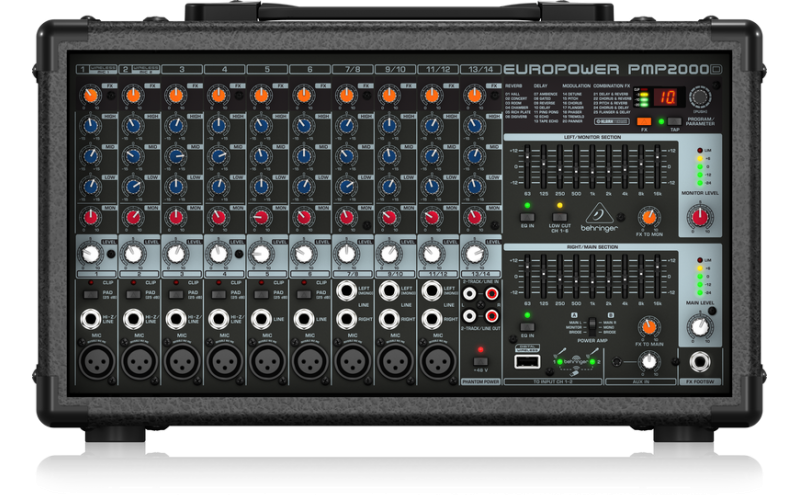 Behringer PMP2000D - микшер-усилит, 2x500 Вт на 8 Ом (2 x 1000 Вт на 4 Ом),14 каналов