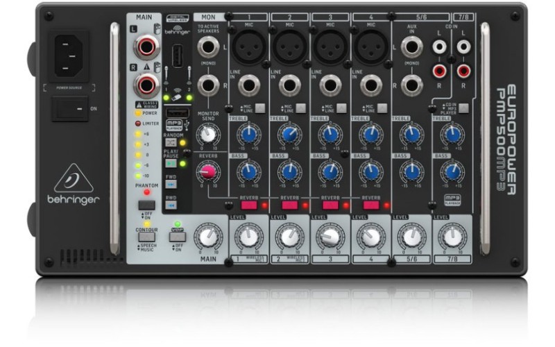Behringer PMP500MP3 - микшер с усилителем, MP3-плеер, 500Вт 4 Ом, 8 каналов (4 мик./лин., 2 стерео