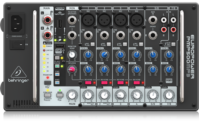 Behringer PMP500MP3 - микшер с усилителем, MP3-плеер, 500Вт 4 Ом, 8 каналов (4 мик./лин., 2 стерео