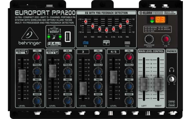 Behringer PPA200 - Портативная система звукоусиления,150 Вт, 5 каналов, микрофон