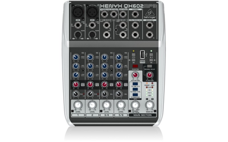 Behringer QX602MP3 - микшер, 6 каналов, 2 микр. предусил. XENYX, USB МР3 плеер, British EQ, Multi FX